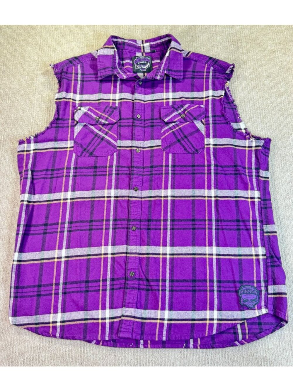 Angry Minnow XXL Purple Plaid Sleeveless Flannel Shirt Distressed Vikings